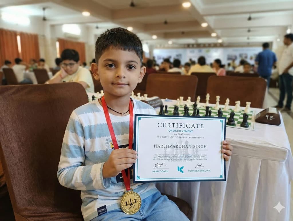 Harshvardhan Singh proudly holding his chess achievement certificate earned through Krrid Chess Academy Online coaching